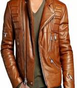 Men's brown lambskin leather biker jacket-asymmetrical zip closure & adjustable belt fashtion