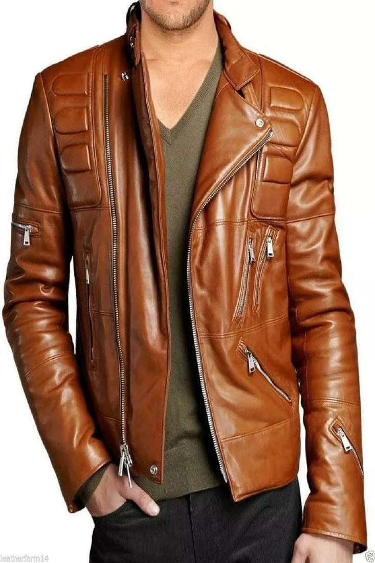 Men's brown lambskin leather biker jacket-asymmetrical zip closure & adjustable belt fashtion
