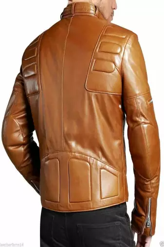 Men's brown lambskin leather biker jacket-asymmetrical zip closure & adjustable belt fashtion