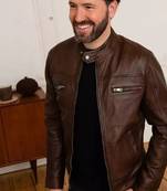 Men's genuine pure lambskin dark brown leather jacket band collar classic style