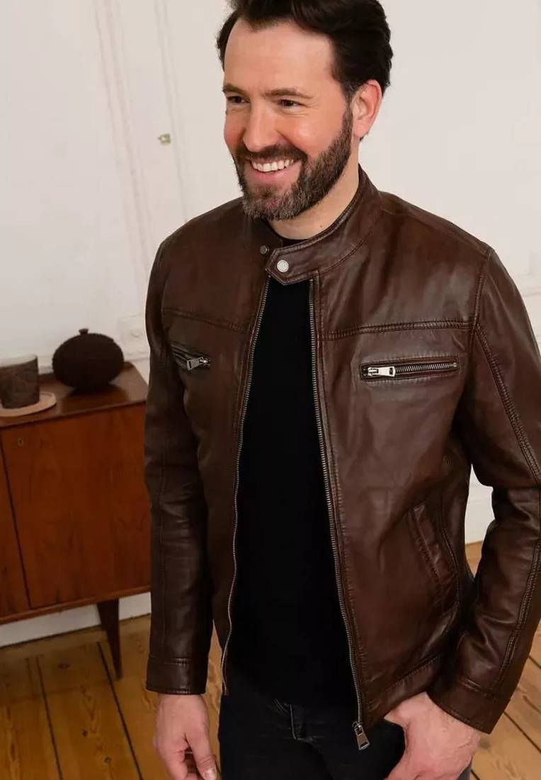 Men's genuine pure lambskin dark brown leather jacket band collar classic style