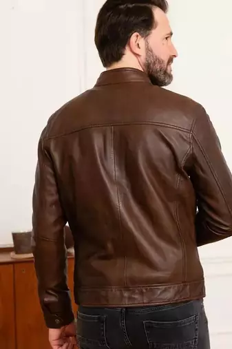 Men's genuine pure lambskin dark brown leather jacket band collar classic style