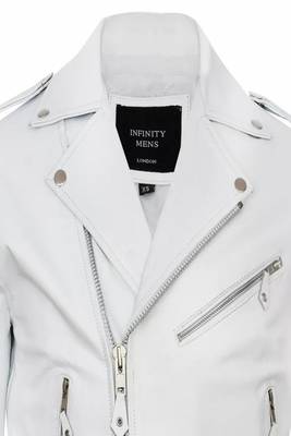 Men's white lambskin leather biker jacket-asymmetrical zip closure & adjustable belt fashtion 1