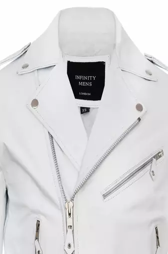 Men's white lambskin leather biker jacket-asymmetrical zip closure & adjustable belt fashtion