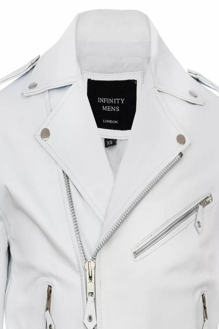 Men's white lambskin leather biker jacket-asymmetrical zip closure & adjustable belt fashtion