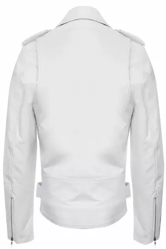 Men's white lambskin leather biker jacket-asymmetrical zip closure & adjustable belt fashtion