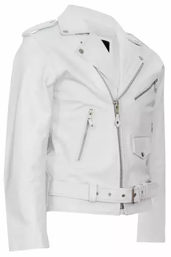 Men's white lambskin leather biker jacket-asymmetrical zip closure & adjustable belt fashtion