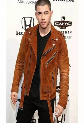 Men's brown suede lambskin leather biker jacket-asymmetrical zip closure & adjustable belt fashtion 1