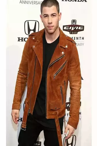 Men's brown suede lambskin leather biker jacket-asymmetrical zip closure & adjustable belt fashtion