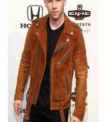 Men's brown suede lambskin leather biker jacket-asymmetrical zip closure & adjustable belt fashtion