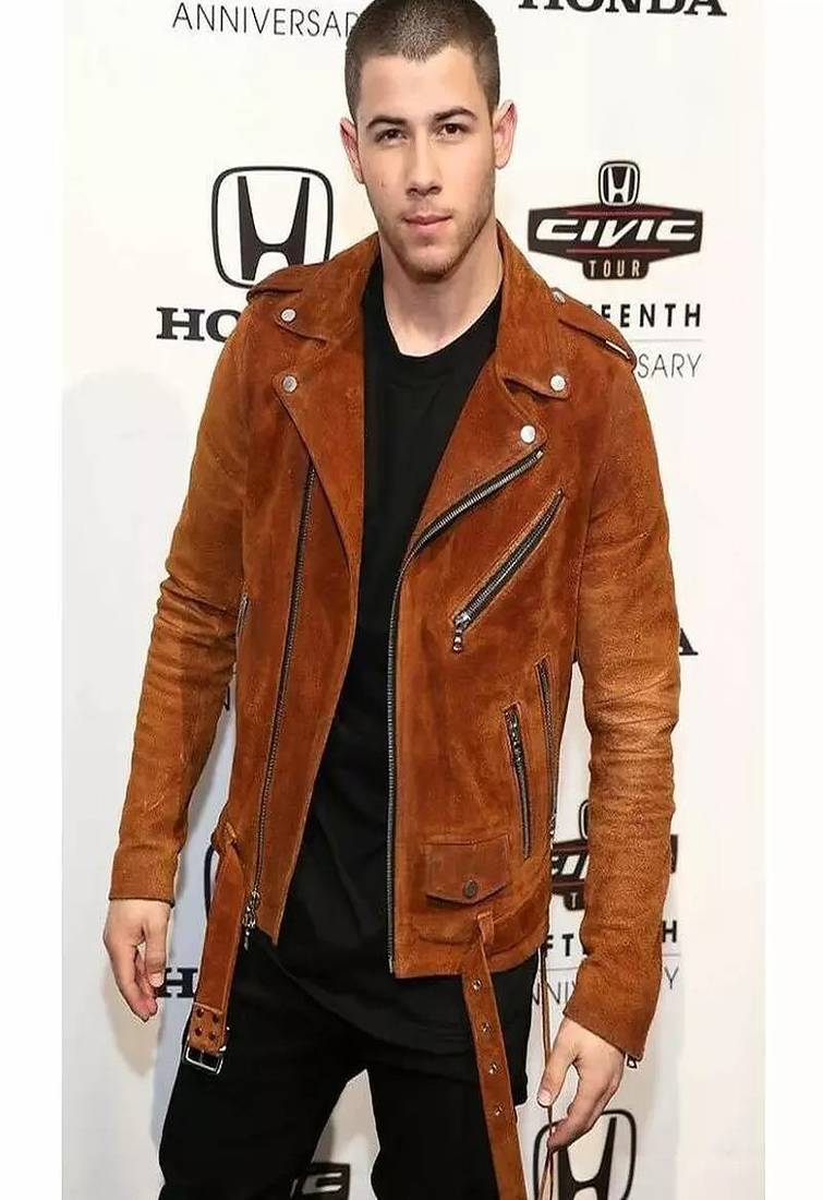 Men's brown suede lambskin leather biker jacket-asymmetrical zip closure & adjustable belt fashtion