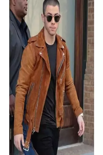 Men's brown suede lambskin leather biker jacket-asymmetrical zip closure & adjustable belt fashtion