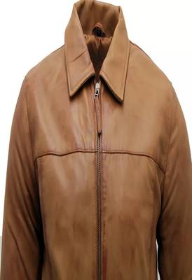 Men's brown lambskin leather biker jacket- straight zipper & pocket zipper fashtion 2