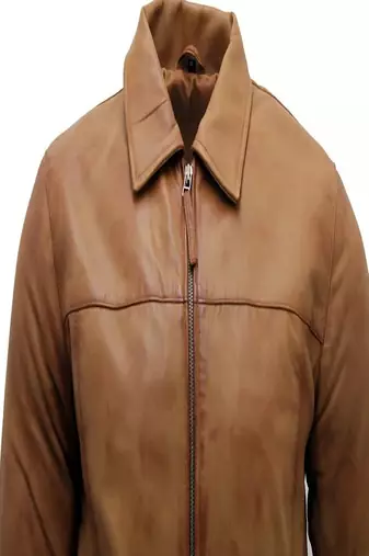 Men's brown lambskin leather biker jacket- straight zipper & pocket zipper fashtion