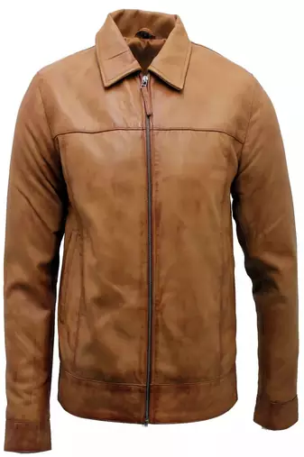 Men's brown lambskin leather biker jacket- straight zipper & pocket zipper fashtion
