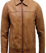 Men's brown lambskin leather biker jacket- straight zipper & pocket zipper fashtion