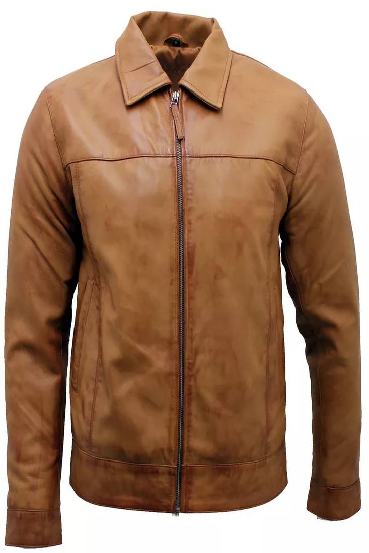 Men's brown lambskin leather biker jacket- straight zipper & pocket zipper fashtion