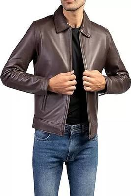 Men's dark brown lambskin leather biker jacket- straight zipper & pocket zipper fashtion 1