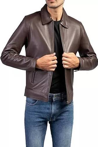 Men's dark brown lambskin leather biker jacket- straight zipper & pocket zipper fashtion