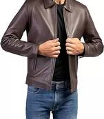 Men's dark brown lambskin leather biker jacket- straight zipper & pocket zipper fashtion