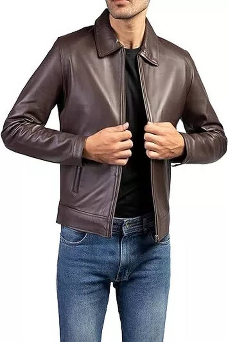 Men's dark brown lambskin leather biker jacket- straight zipper & pocket zipper fashtion