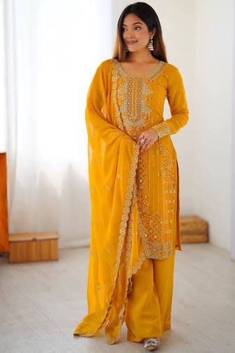 Outstanding Yellow Embroidered Georgette Haldi Wear Palazzo Suit