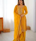 Outstanding Yellow Embroidered Georgette Haldi Wear Palazzo Suit