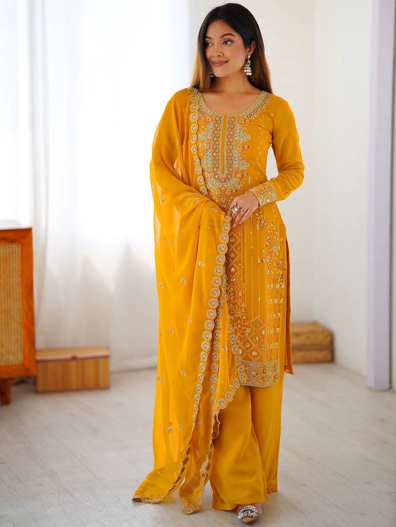Outstanding Yellow Embroidered Georgette Haldi Wear Palazzo Suit