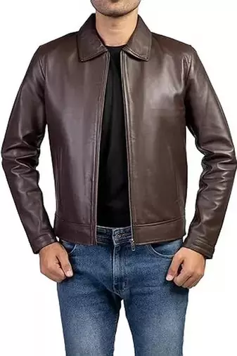 Men's dark brown lambskin leather biker jacket- straight zipper & pocket zipper fashtion
