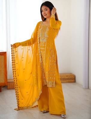 Outstanding Yellow Embroidered Georgette Haldi Wear Palazzo Suit 2