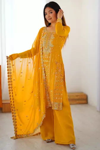 Outstanding Yellow Embroidered Georgette Haldi Wear Palazzo Suit