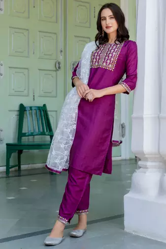 purple fancy silk blend kurta set