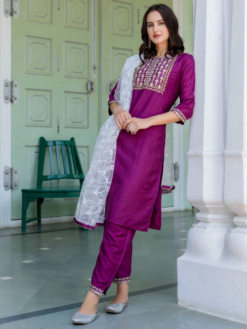 purple fancy silk blend kurta set