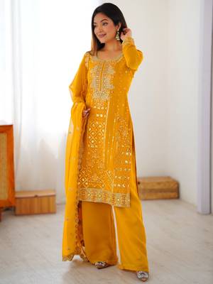 Outstanding Yellow Embroidered Georgette Haldi Wear Palazzo Suit 3
