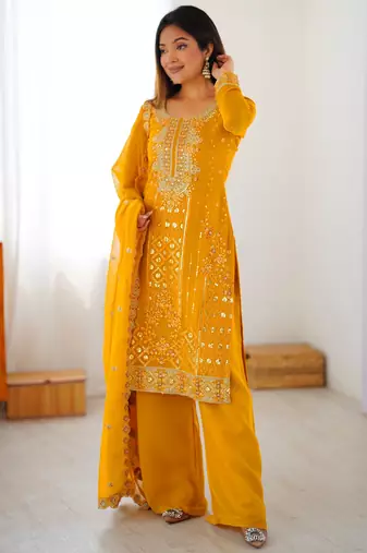 Outstanding Yellow Embroidered Georgette Haldi Wear Palazzo Suit
