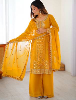 Outstanding Yellow Embroidered Georgette Haldi Wear Palazzo Suit 4