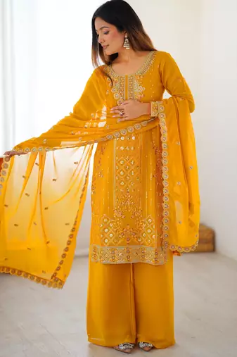 Outstanding Yellow Embroidered Georgette Haldi Wear Palazzo Suit