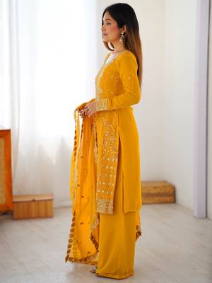 Outstanding Yellow Embroidered Georgette Haldi Wear Palazzo Suit 5