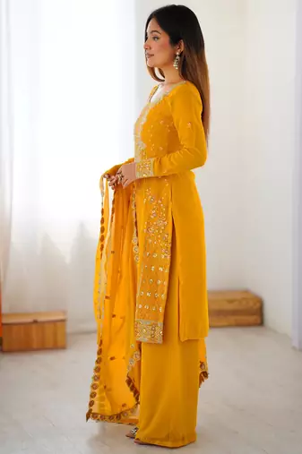 Outstanding Yellow Embroidered Georgette Haldi Wear Palazzo Suit