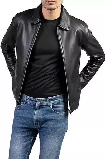Men's black lambskin leather biker jacket- straight zipper & pocket zipper fashtion
