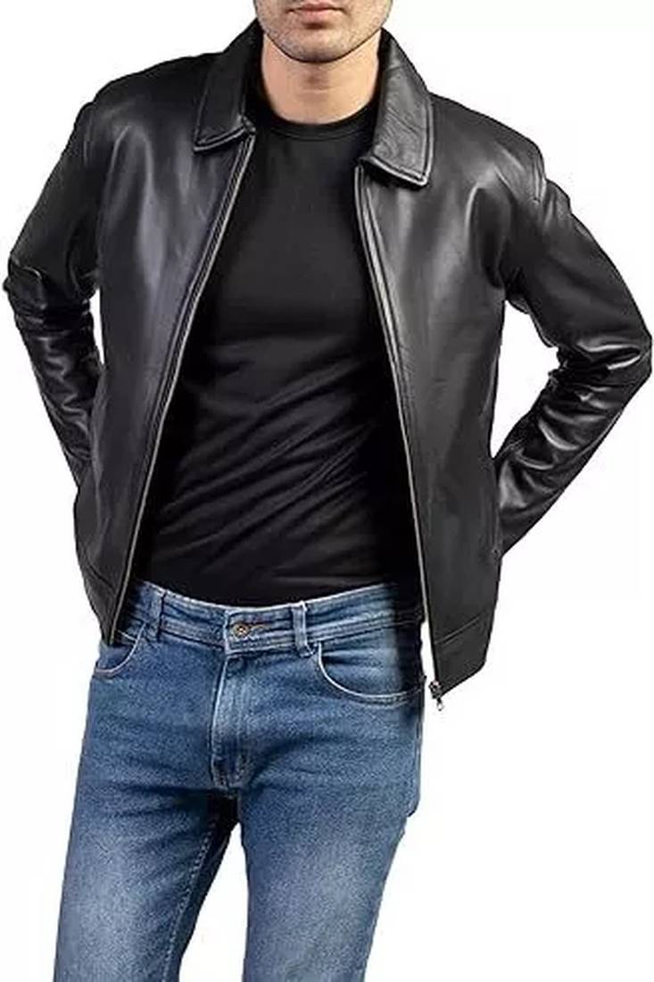 Men's black lambskin leather biker jacket- straight zipper & pocket zipper fashtion