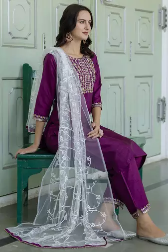 purple fancy silk blend kurta set