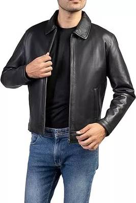 Men's black lambskin leather biker jacket- straight zipper & pocket zipper fashtion 2