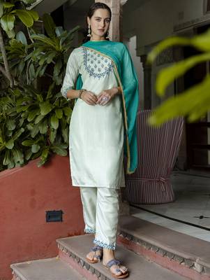 sky-blue fancy cotton silk kurta set 1