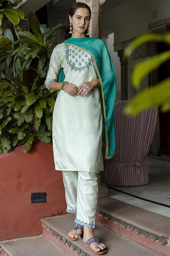 sky-blue fancy cotton silk kurta set