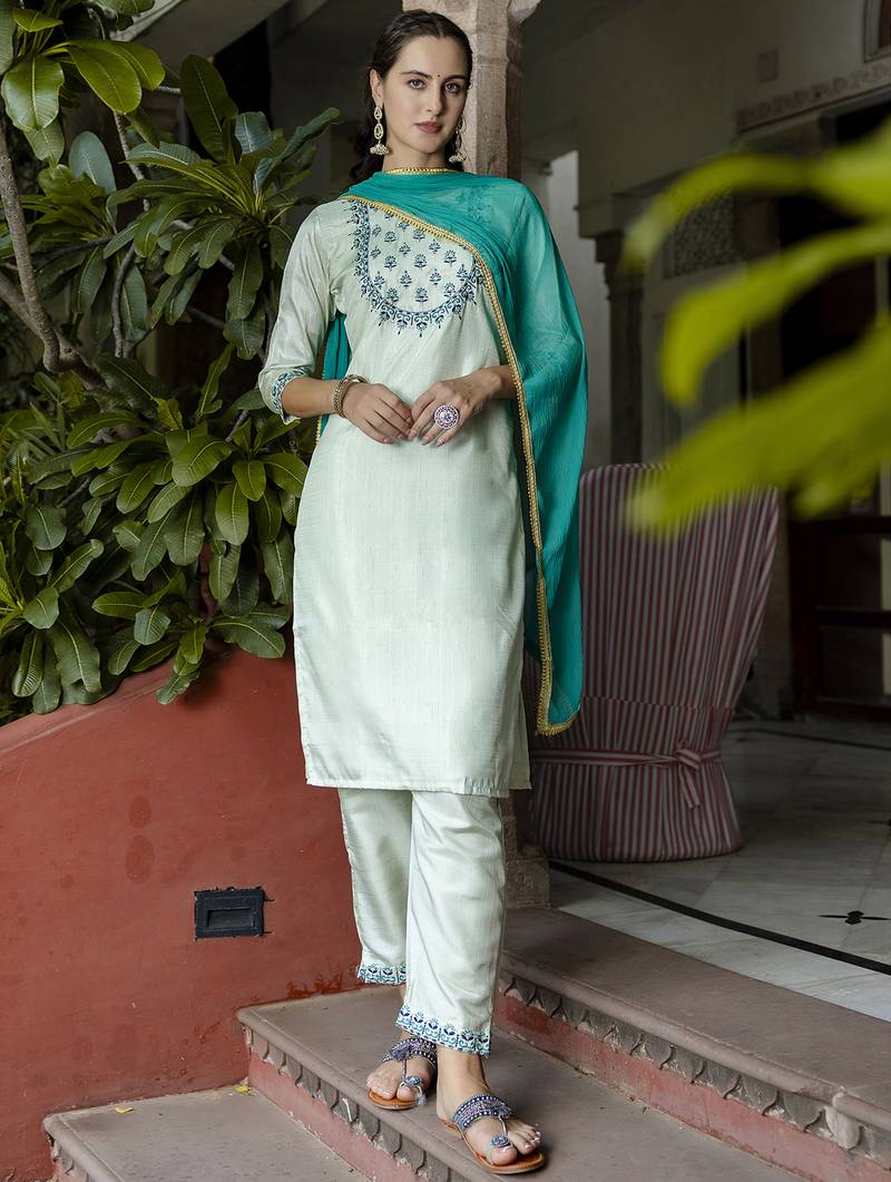 sky-blue fancy cotton silk kurta set
