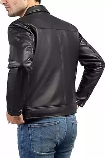Men's black lambskin leather biker jacket- straight zipper & pocket zipper fashtion