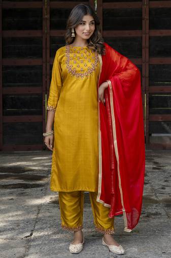 mustard fancy cotton silk kurta set