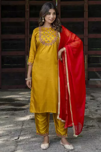 mustard fancy cotton silk kurta set