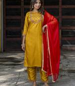 mustard fancy cotton silk kurta set